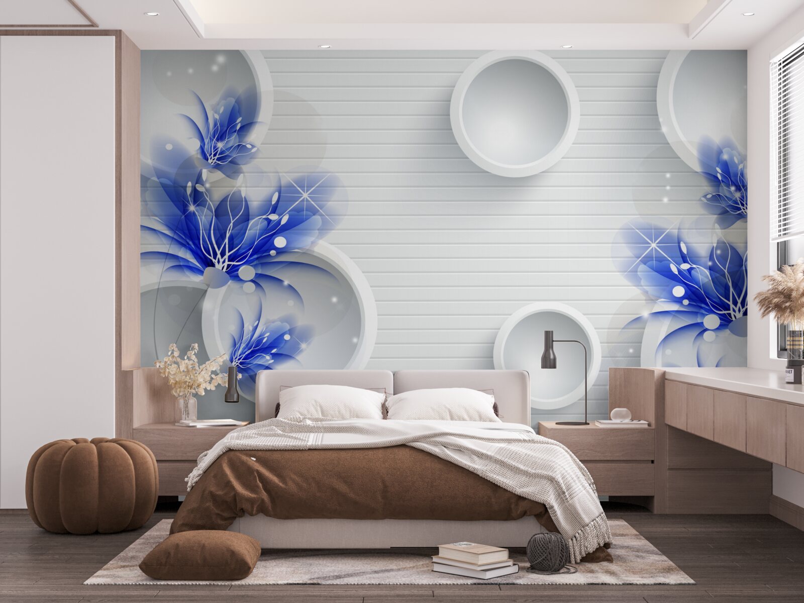 Fotobehang blauwe knoppen op een abstracte achtergrond met cirkels
