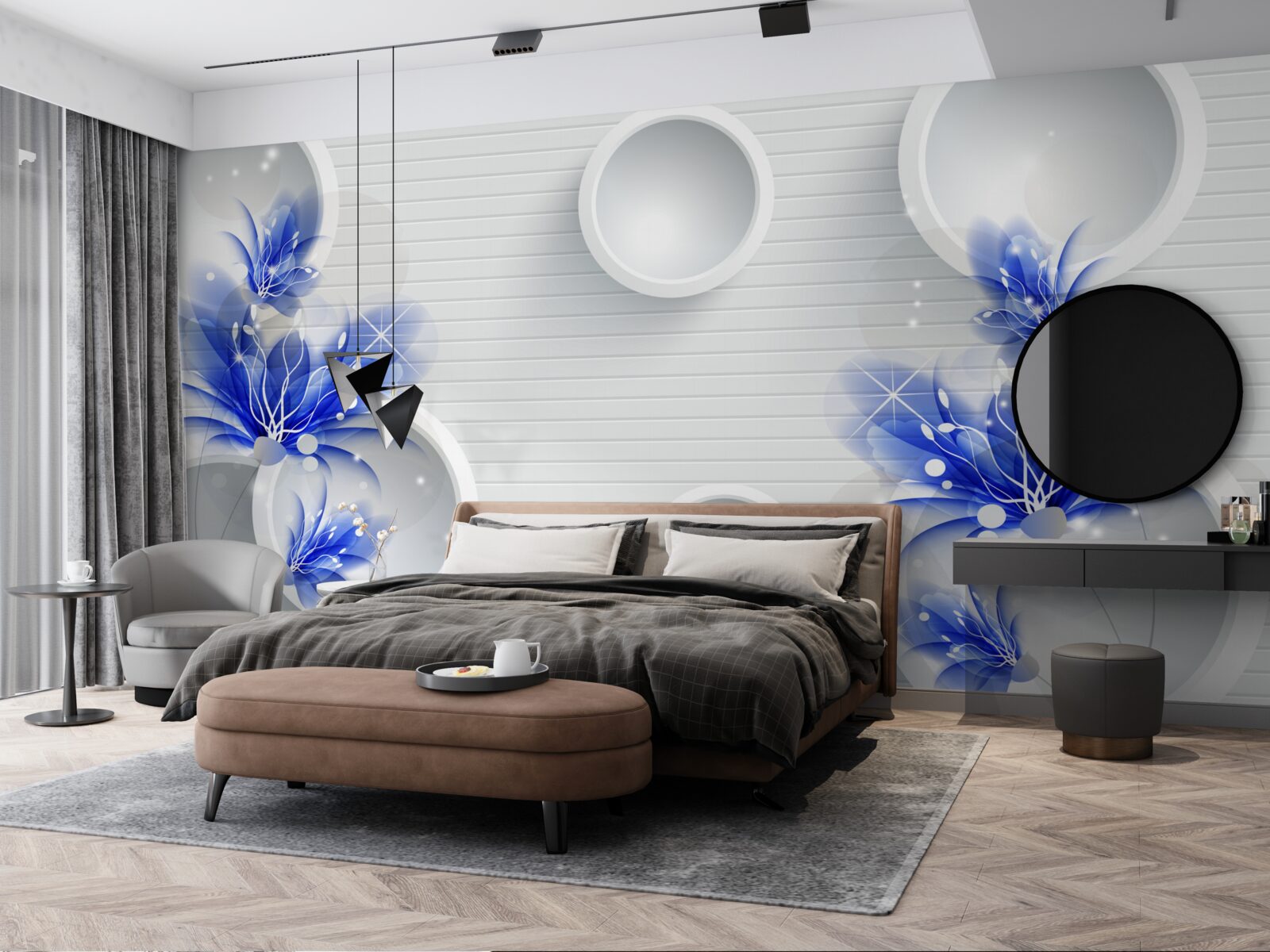 Fotobehang blauwe knoppen op een abstracte achtergrond met cirkels