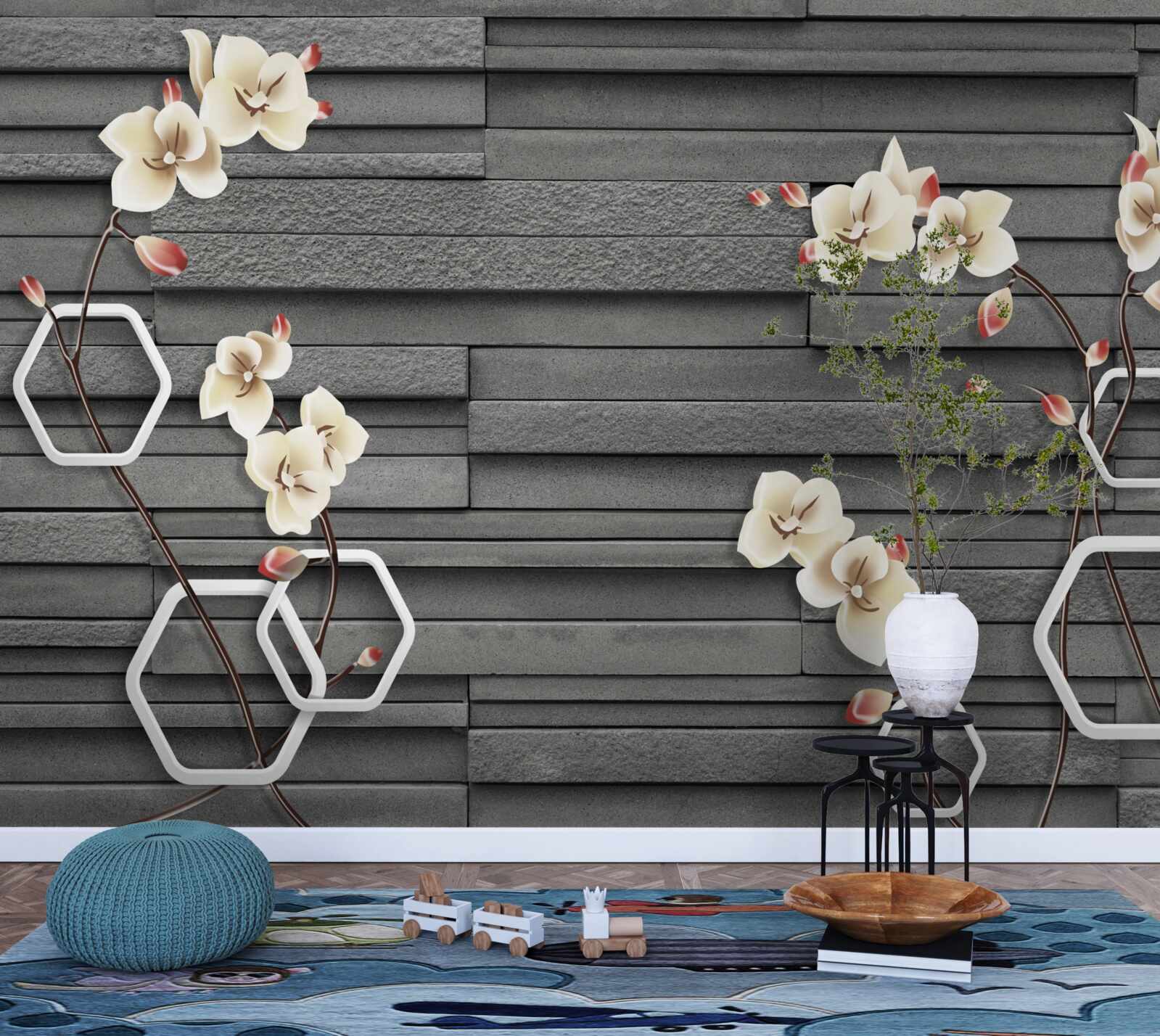 Fotobehang zwarte stenen muur versierd met witte bloemen