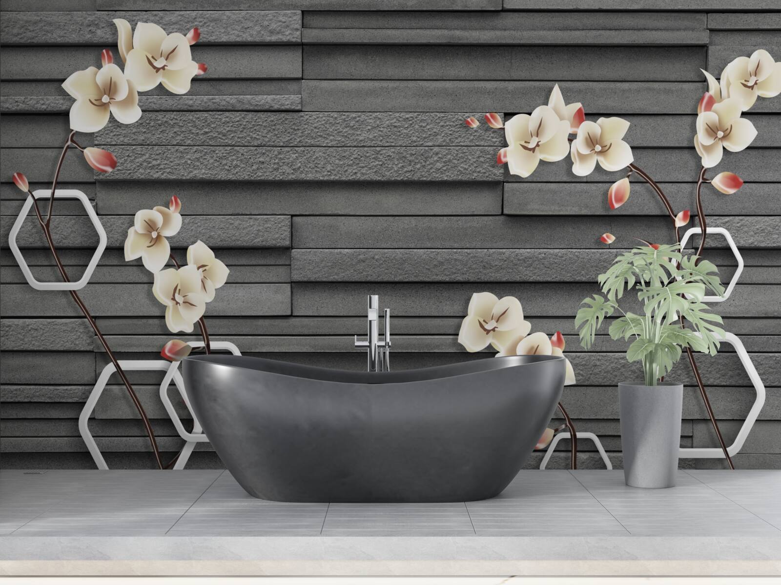 Fotobehang zwarte stenen muur versierd met witte bloemen