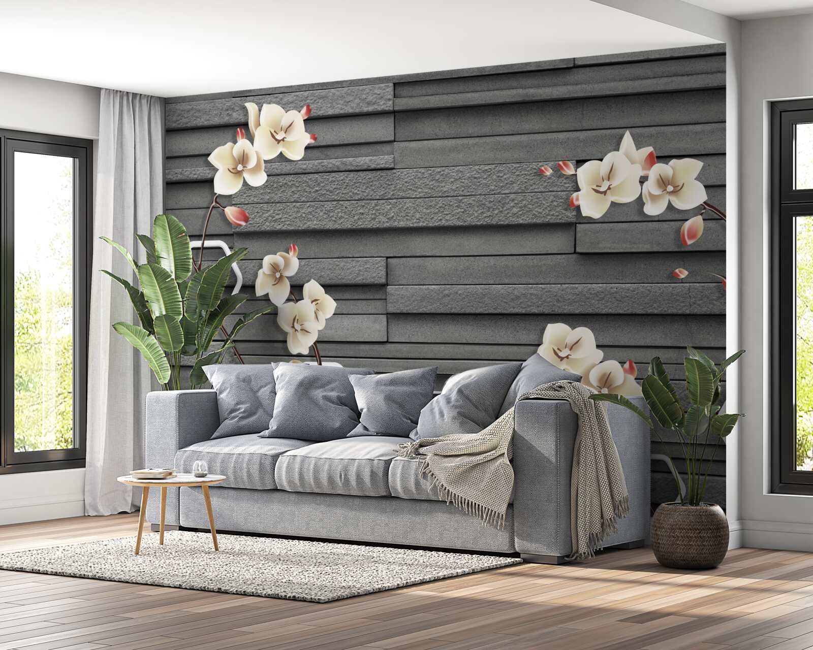 Fotobehang zwarte stenen muur versierd met witte bloemen
