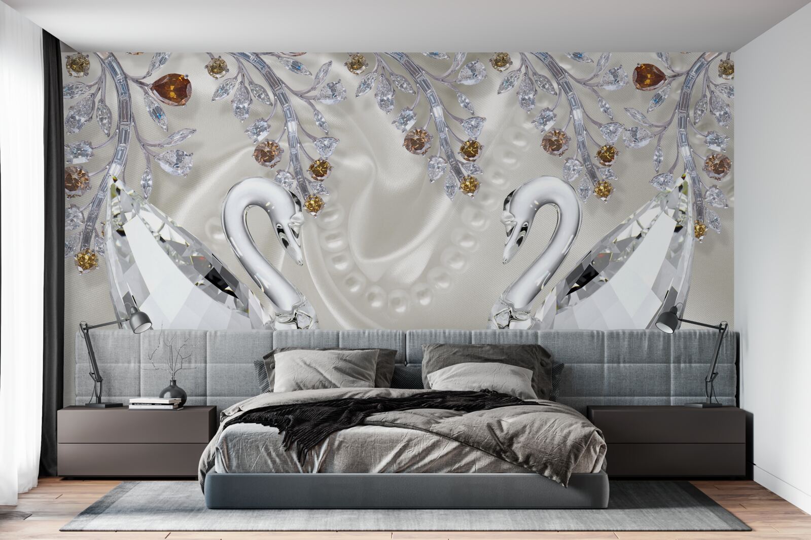 Fotobehang sneeuwwitte zwanen zwemmen over de vijver en de takken van de bloemen hebben een gouden tint