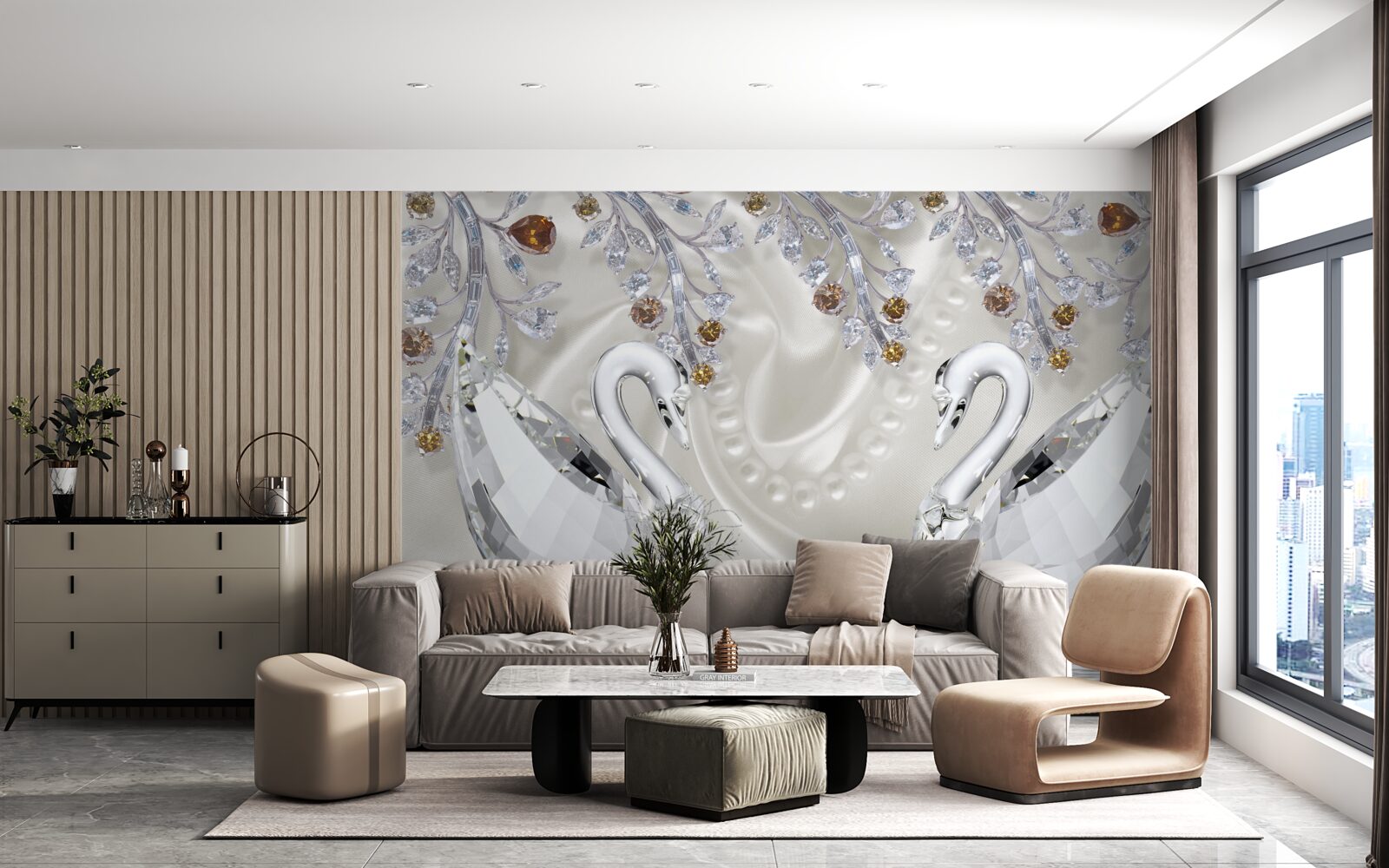 Fotobehang sneeuwwitte zwanen zwemmen over de vijver en de takken van de bloemen hebben een gouden tint