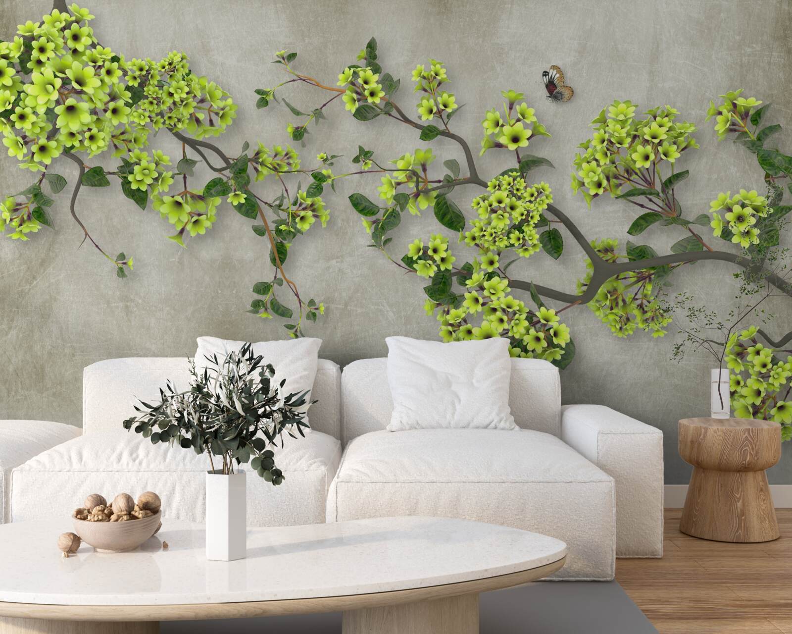 Fotobehang magnolia tak bezaaid met weelderige groene knoppen