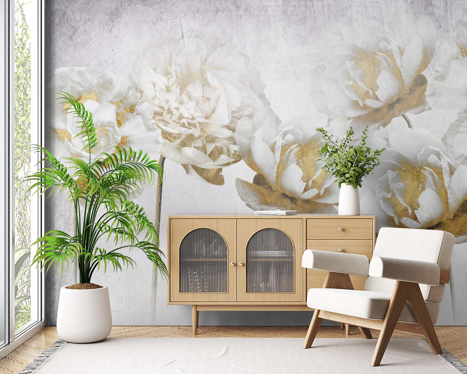 Fotobehang elegante planten van goud en zijde