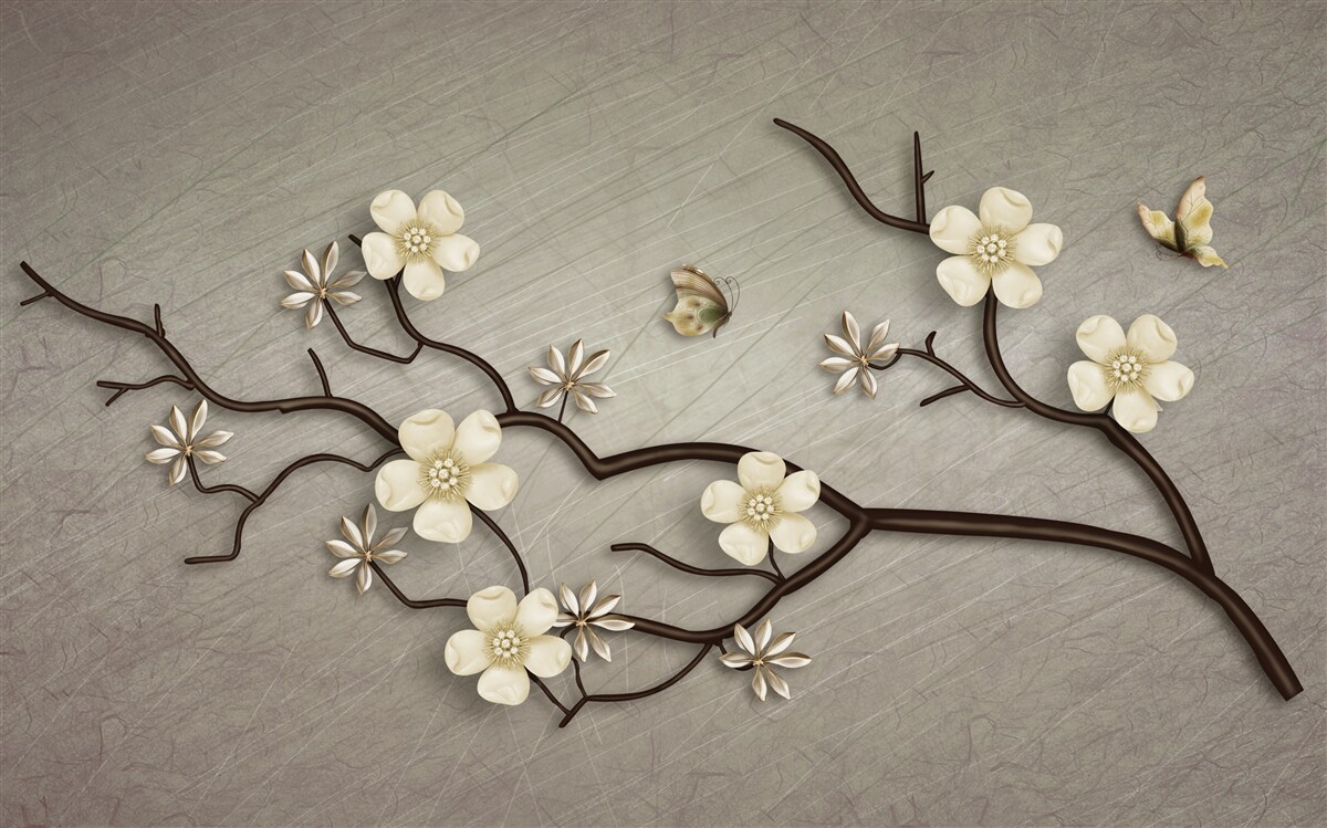 Fotobehang magnolia tak bloeiend met witte bloemen