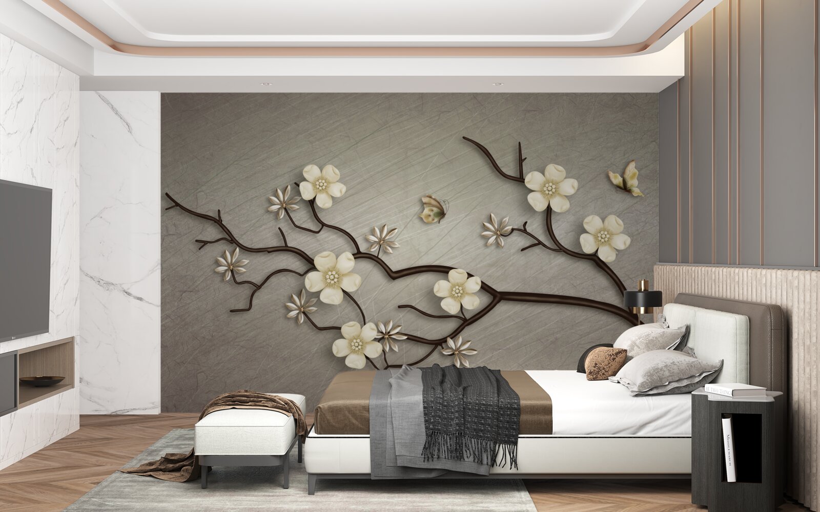 Fotobehang magnolia tak bloeiend met witte bloemen