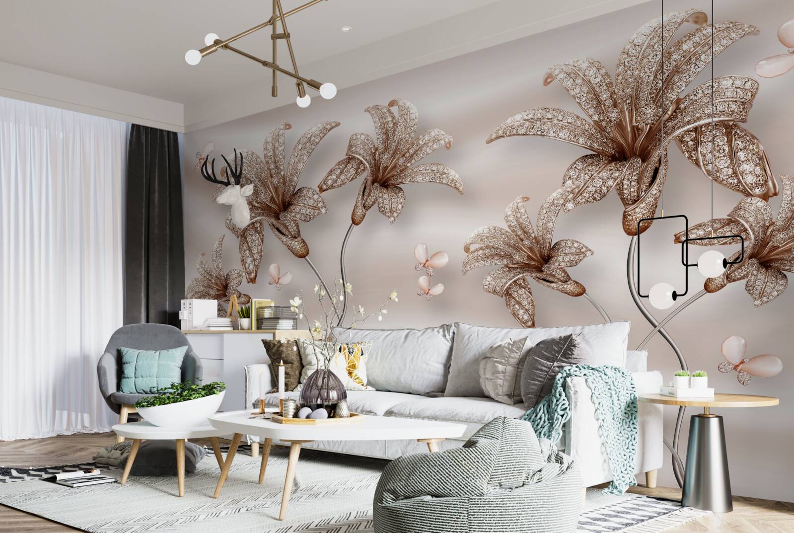 Fotobehang elegante leliebloemen op zijden doek
