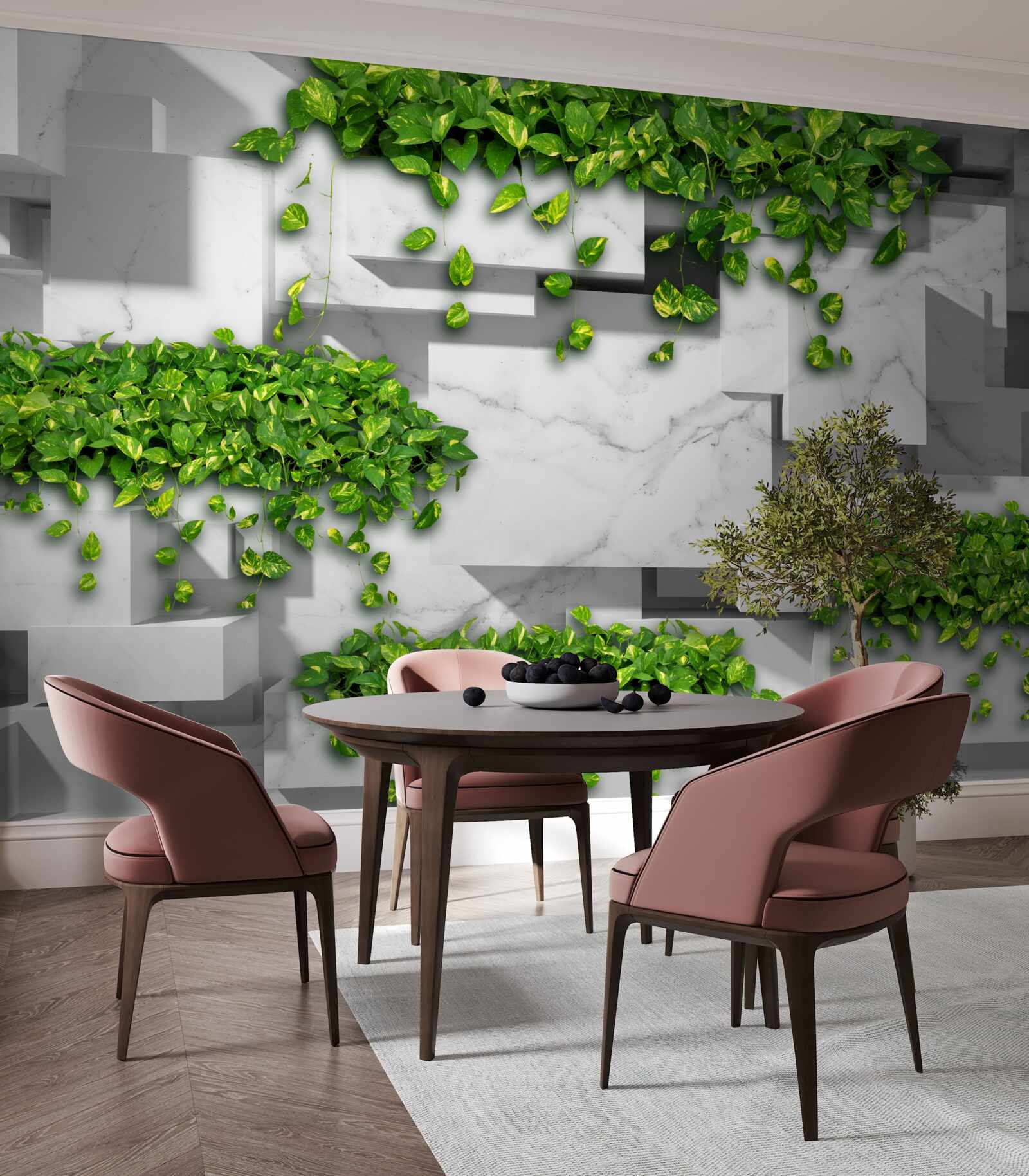 Fotobehang pot met bloemen, groene muur en planten