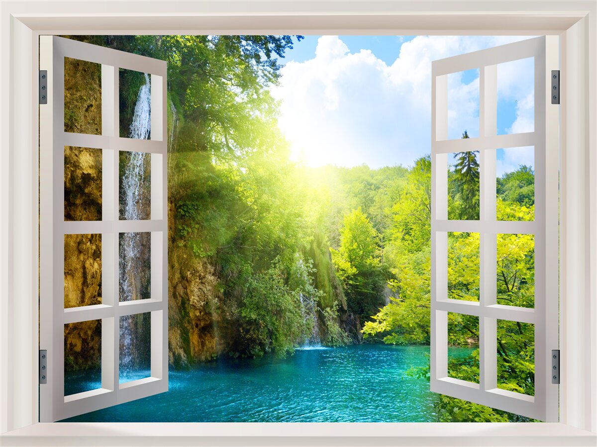 Fotobehang een natuurlandschap zichtbaar buiten het raam en een doordringende tocht