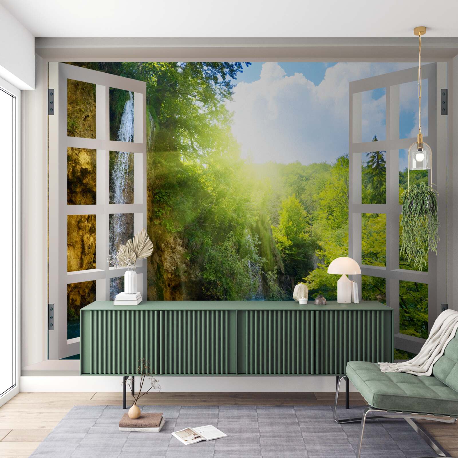 Fotobehang een natuurlandschap zichtbaar buiten het raam en een doordringende tocht