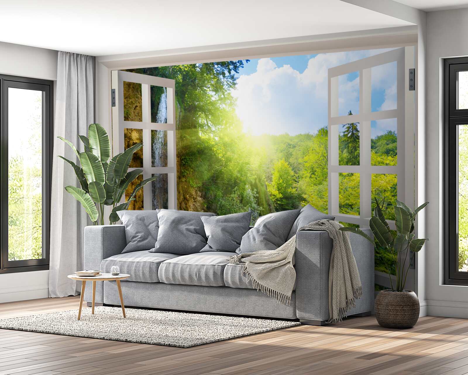 Fotobehang een natuurlandschap zichtbaar buiten het raam en een doordringende tocht