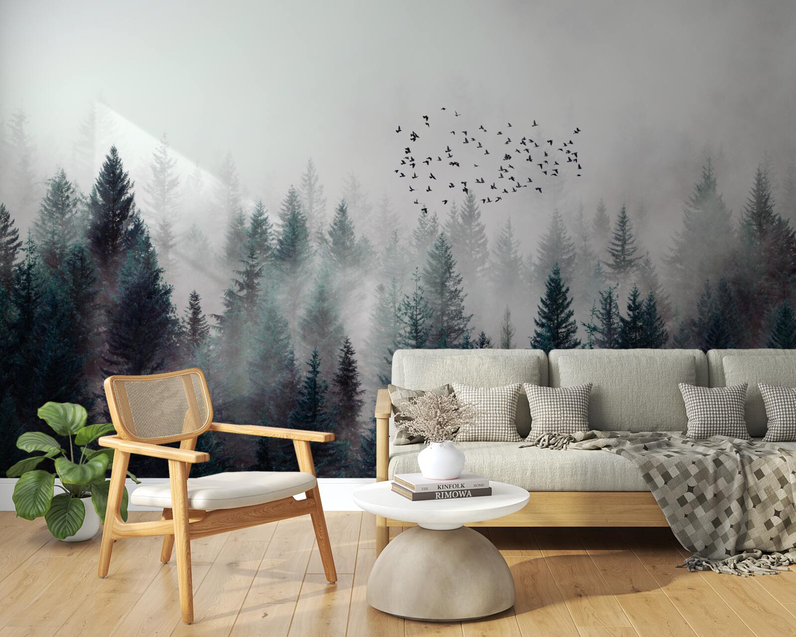 Fotobehang vogels en kerstbomen