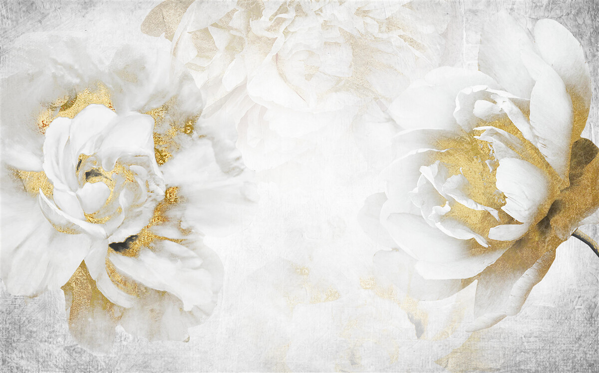 Fotobehang witte bloemen met gouden accenten