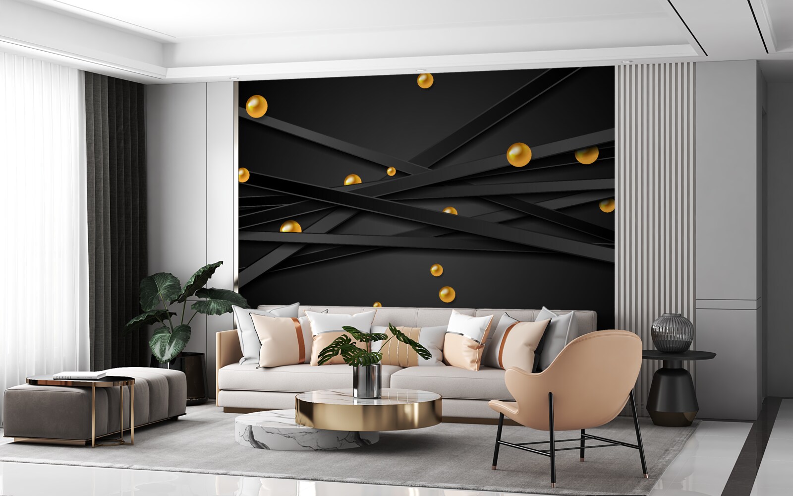 Fotobehang gouden cirkels hangen aan de muur