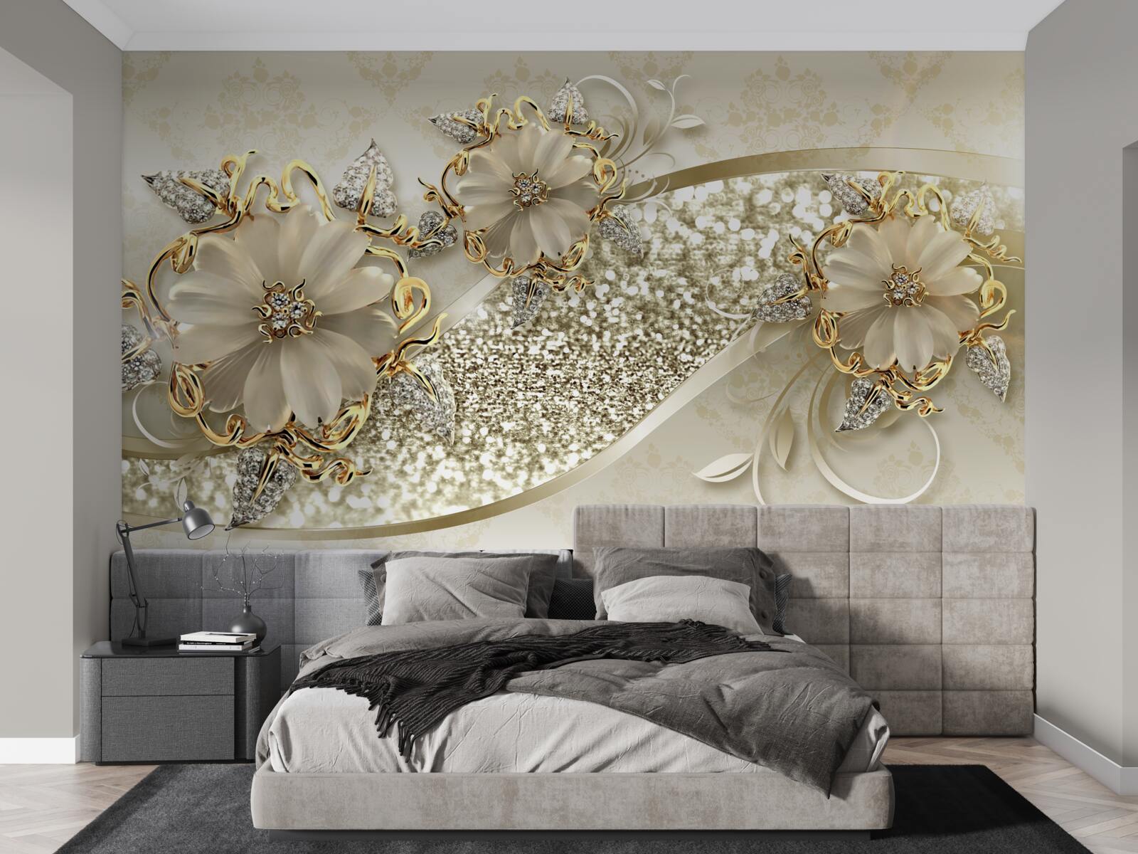 Fotobehang boeketten op een gouden muur