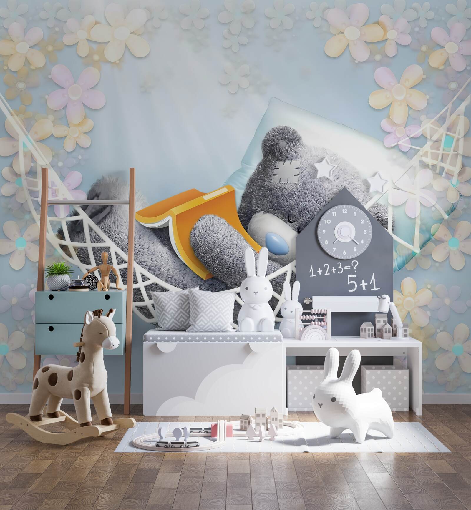 Fotobehang teddybeer zittend in een hangmat