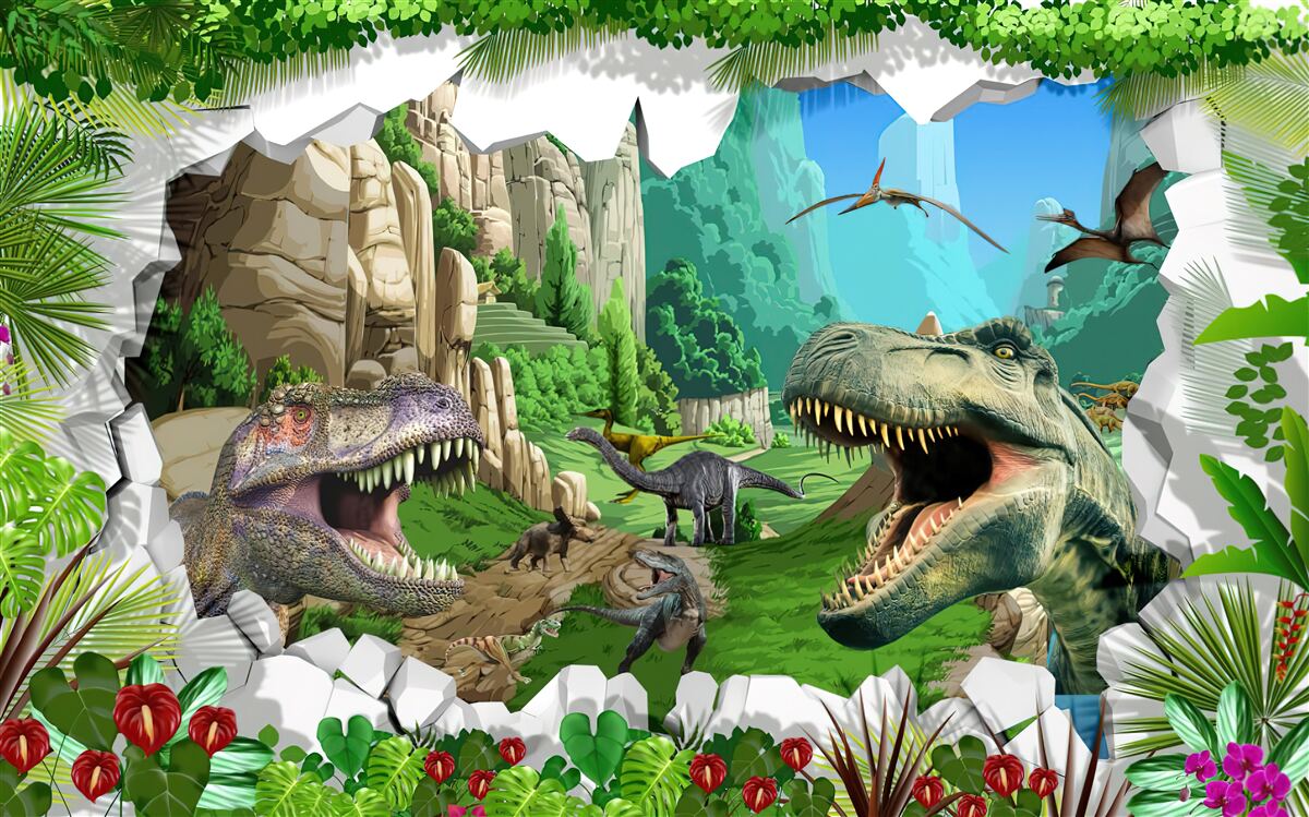 Fotobehang bergen en dinosaurussen