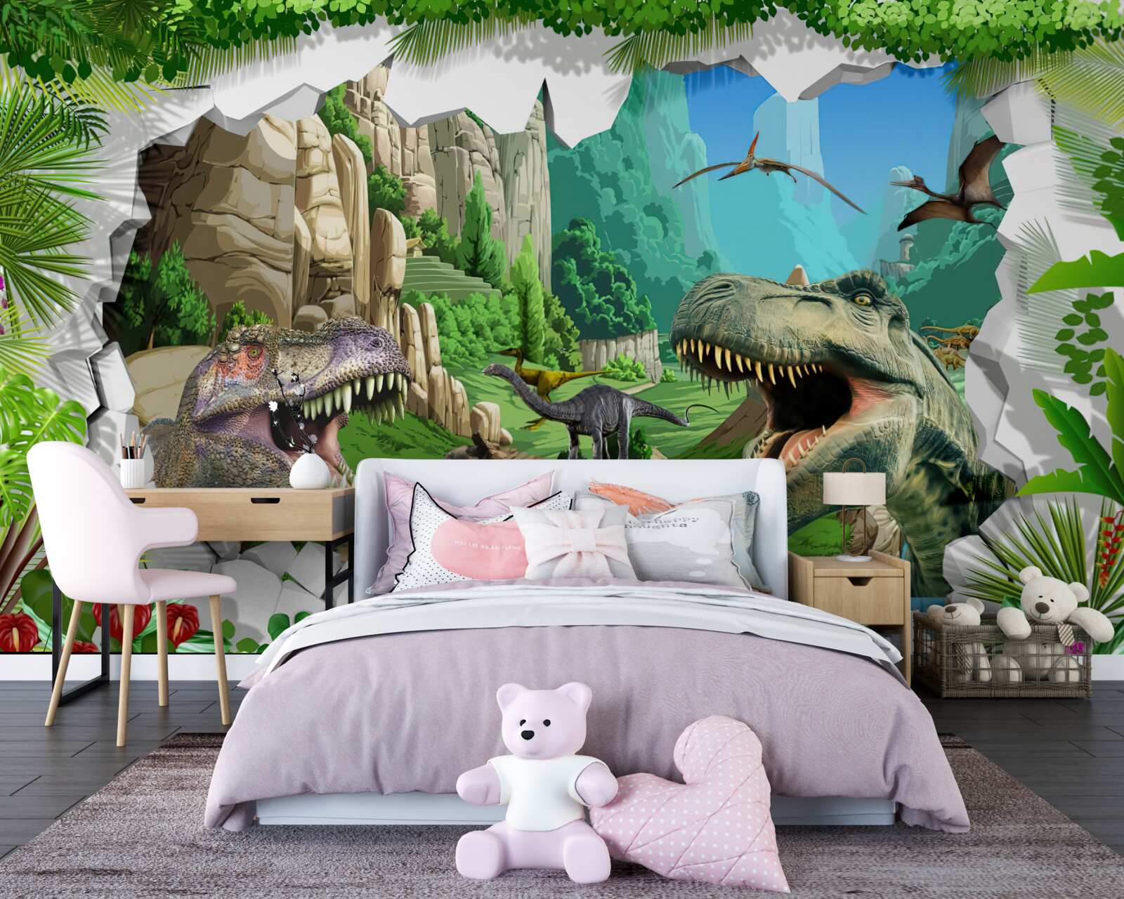 Fotobehang bergen en dinosaurussen