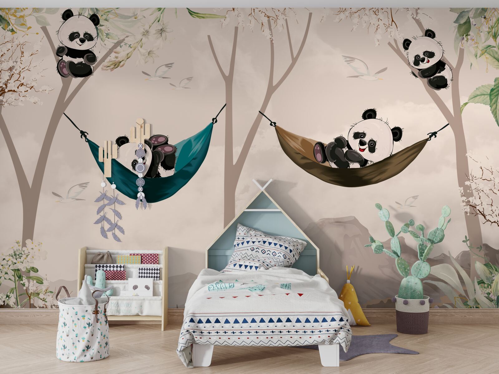 Fotobehang bomen met panda's