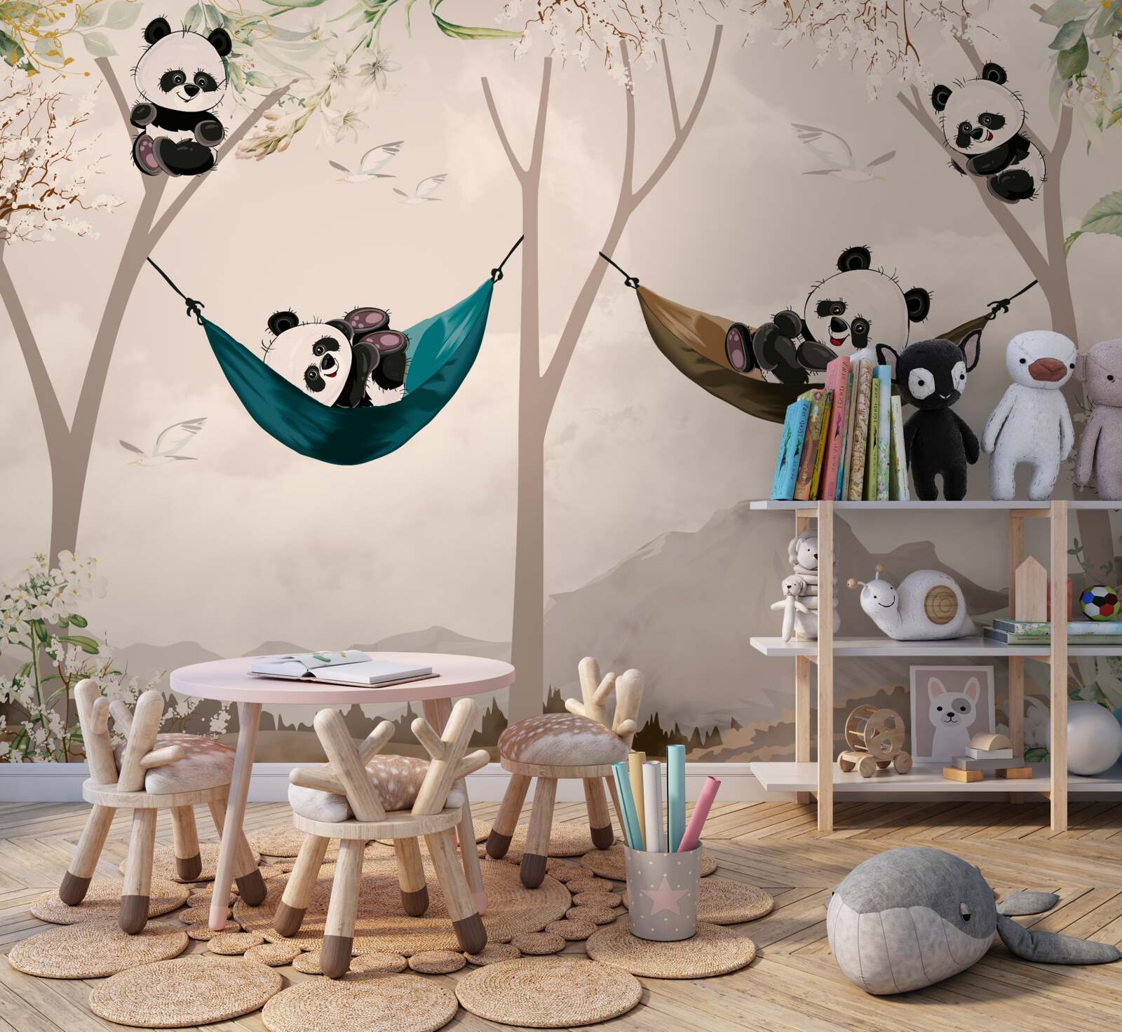 Fotobehang bomen met panda's