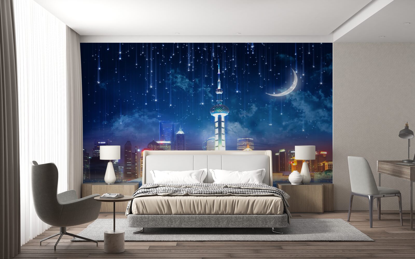 Fotobehang blauw en violet meubilair