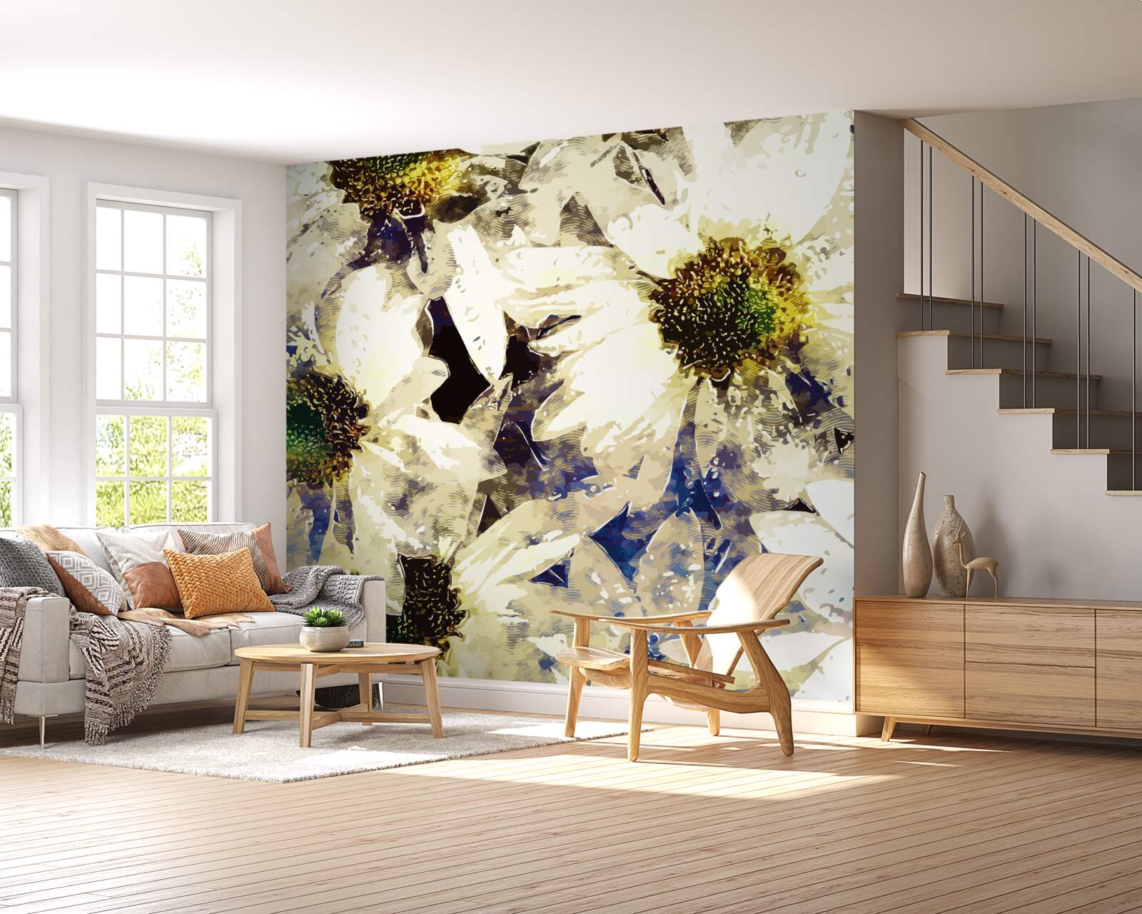 Fotobehang aquarel met witte margrieten