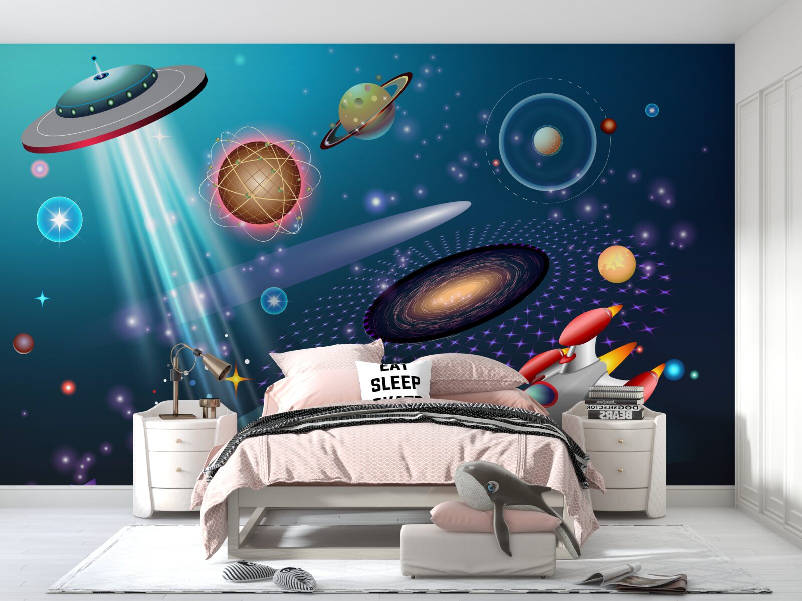 Fotobehang onder de planeten bevinden zich een raket en een ufo