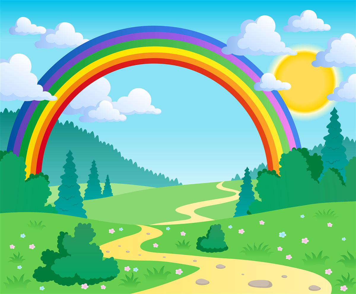 Fotobehang een heldere regenboog schittert op een bosschage