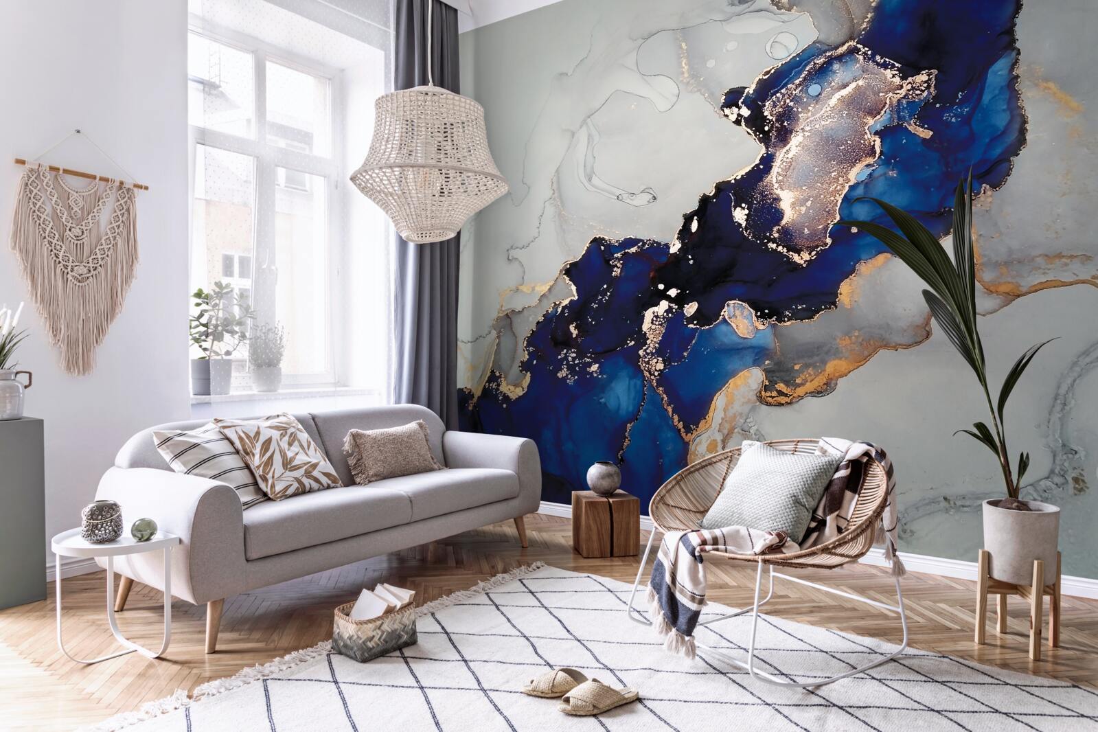 Fotobehang gouden rand op een achtergrond van blauwe stippen
