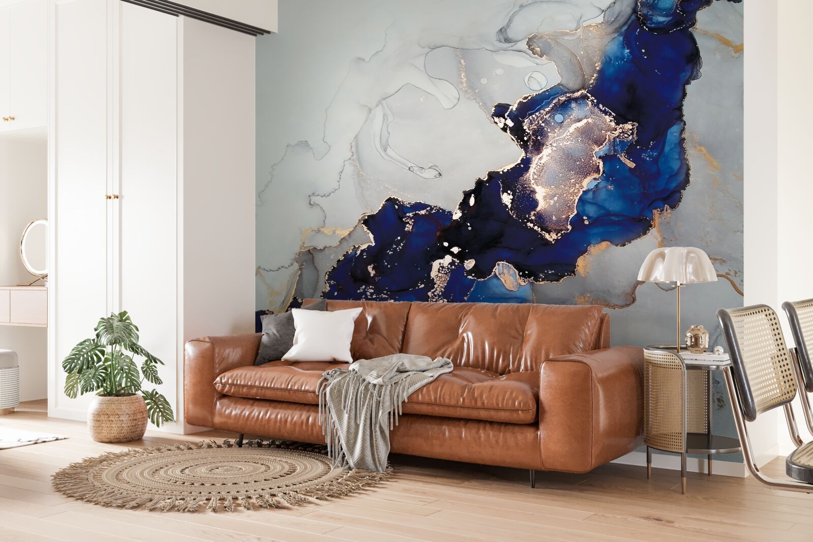 Fotobehang gouden rand op een achtergrond van blauwe stippen