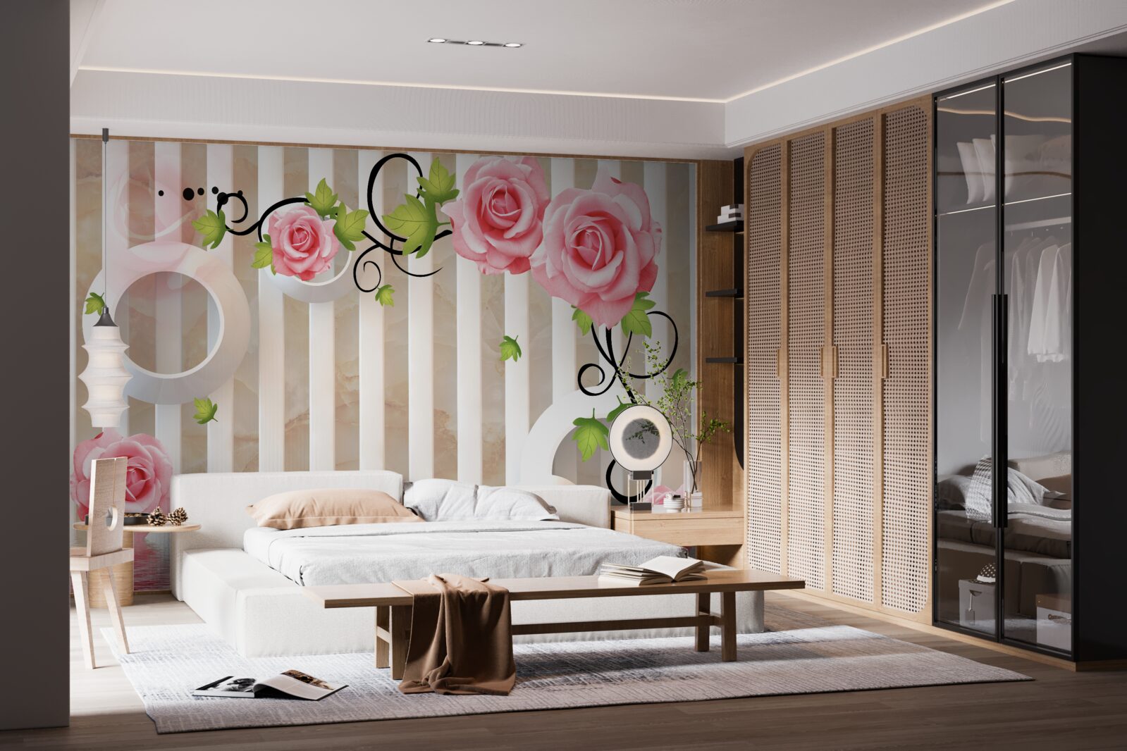 Fotobehang roos met roze bloemblaadjes en groene bladeren aan het water