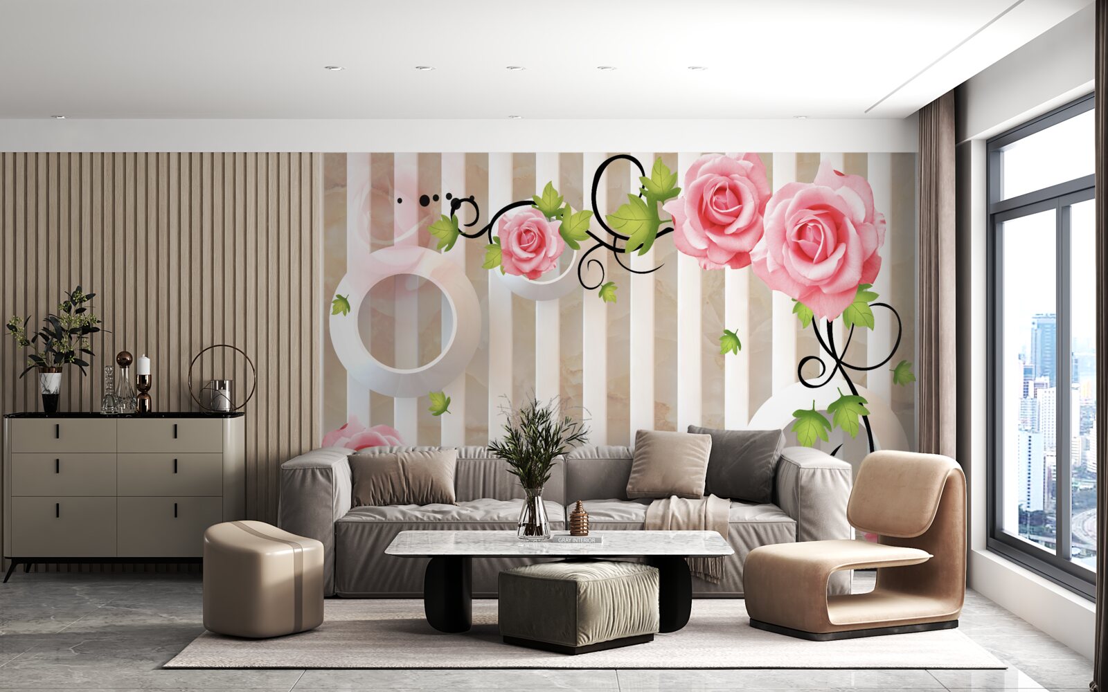 Fotobehang roos met roze bloemblaadjes en groene bladeren aan het water