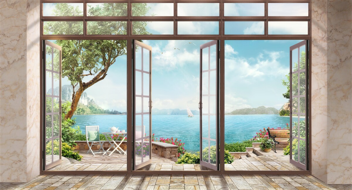 Fotobehang zomerbalkon met uitzicht op zee
