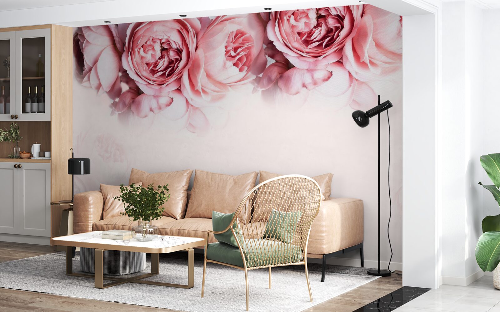 Fotobehang pioenrozen in roze en wit op een lichte achtergrond