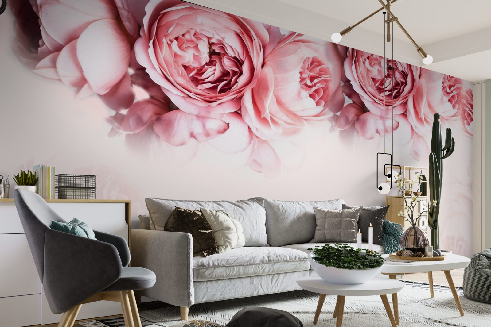 Fotobehang pioenrozen in roze en wit op een lichte achtergrond