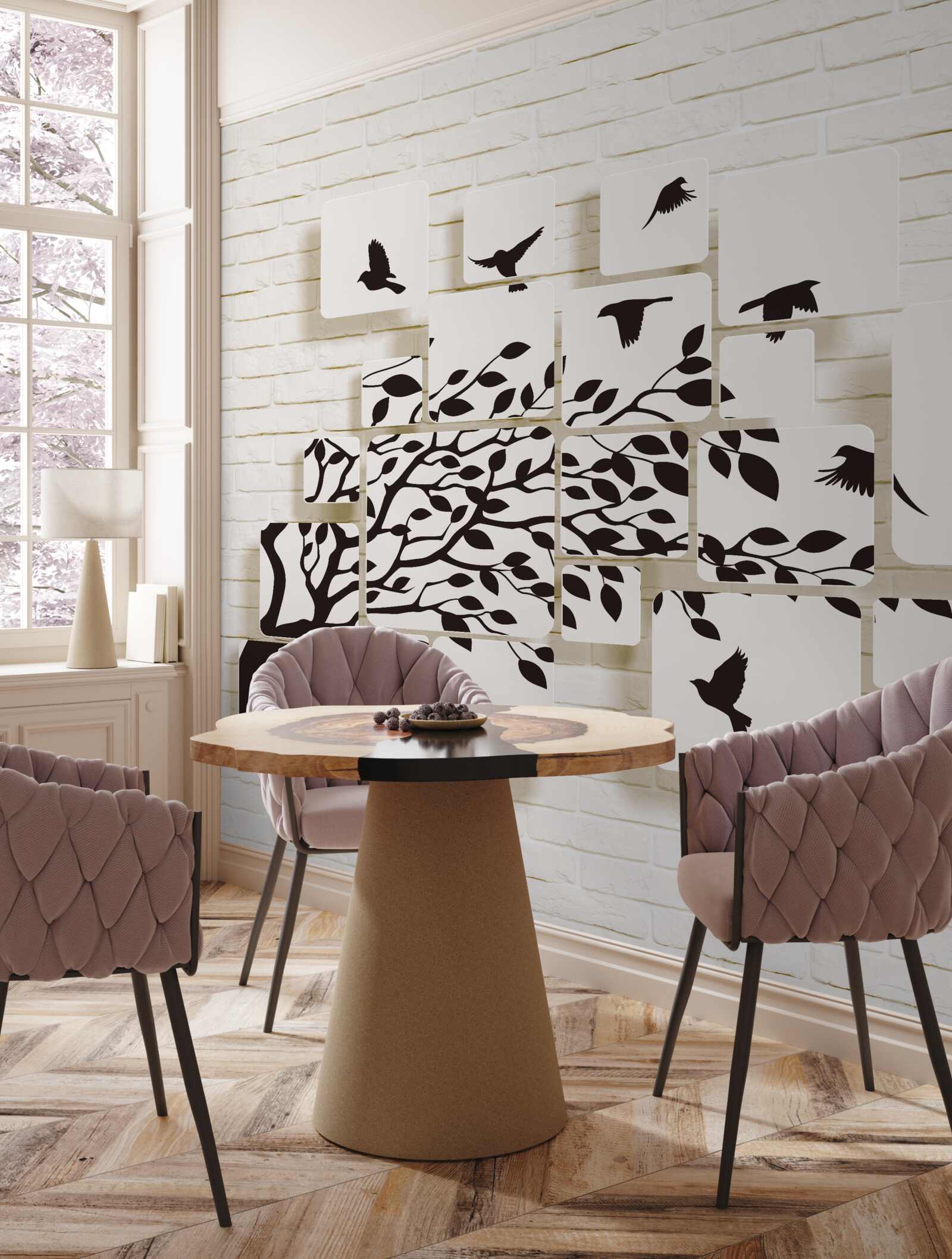 Fotobehang vogels verlaten de boom onder een windvlaag
