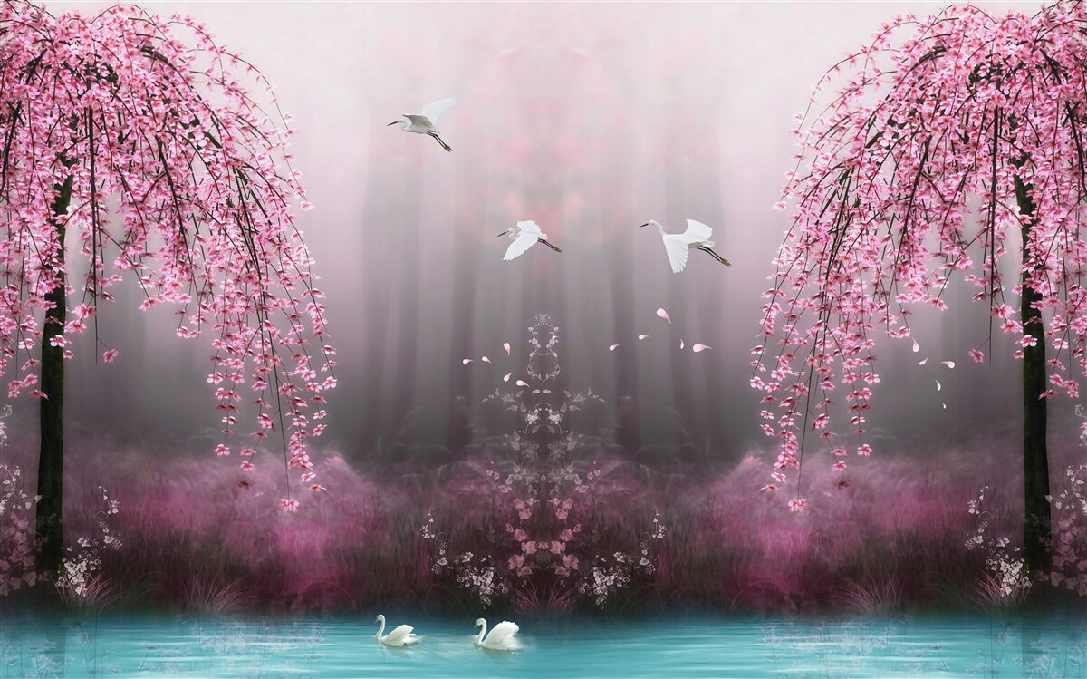 Fotobehang s Avonds, bij het blauwige water, maken de sakura takken in dichte rijen het landschap schilderachtig
