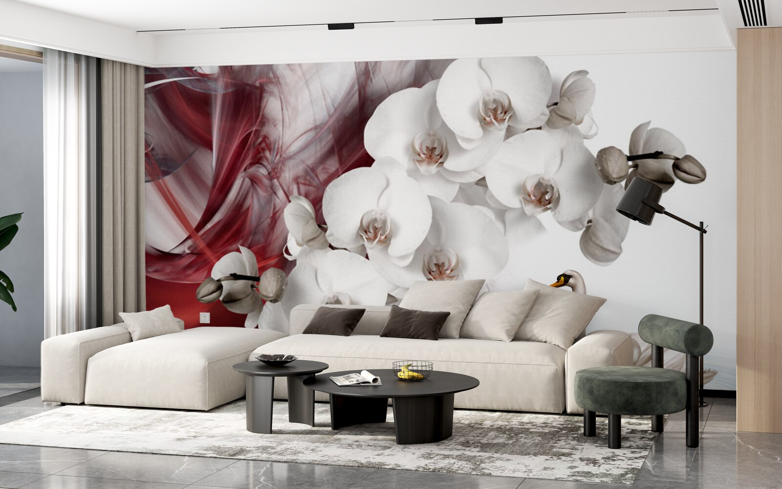 Fotobehang orchideeën met witte knoppen bij een vijver met zwanen