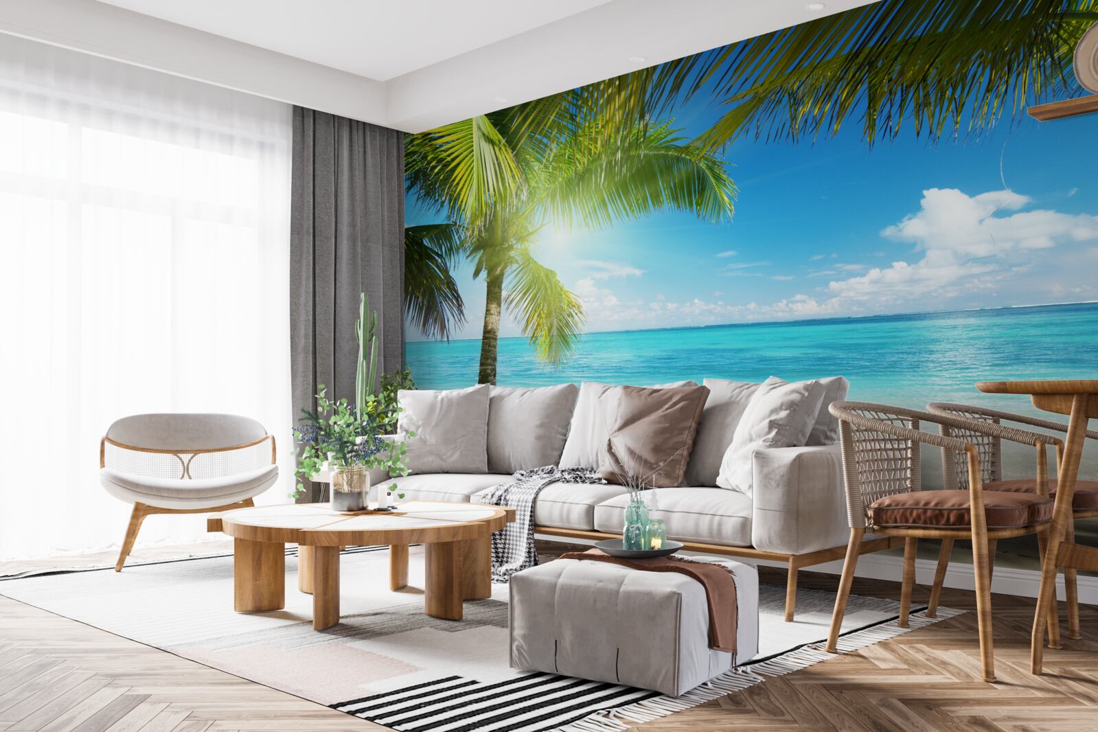 Fotobehang rustig exotisch strand versierd met palmbomen