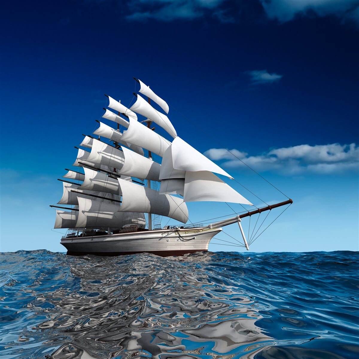Fotobehang een schip met zeil op kalm water