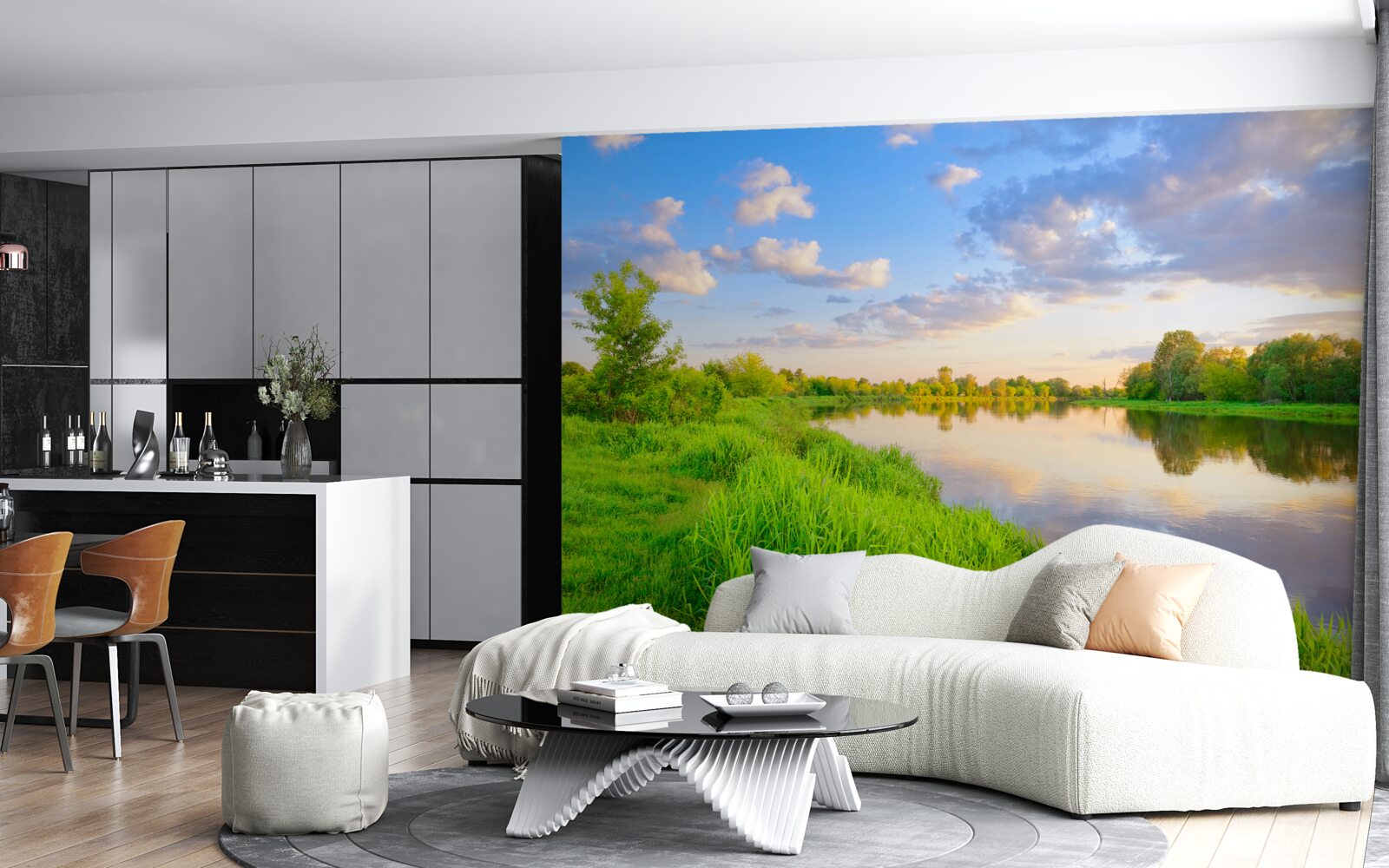 Fotobehang kalme rivier naast een groene weide