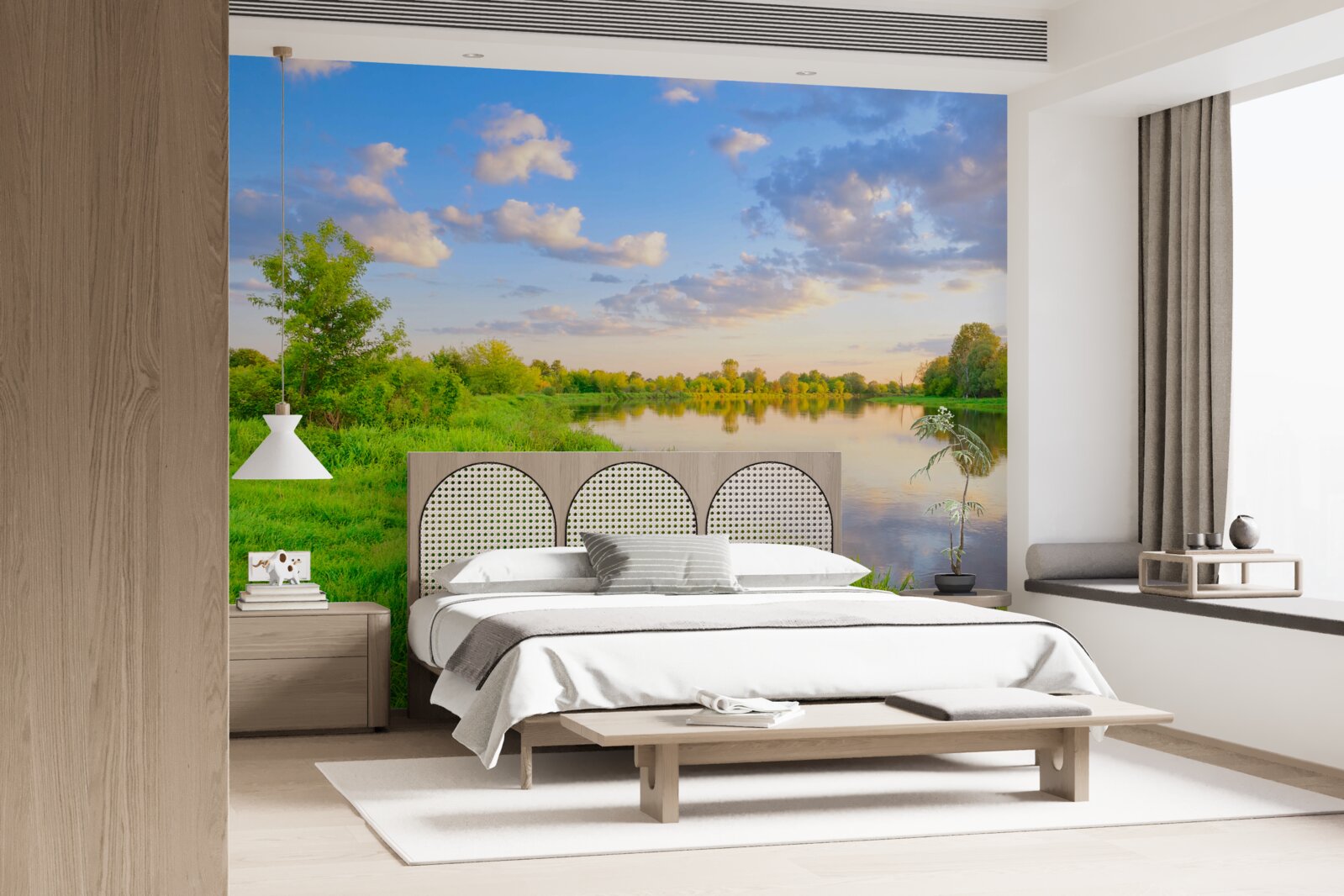 Fotobehang kalme rivier naast een groene weide