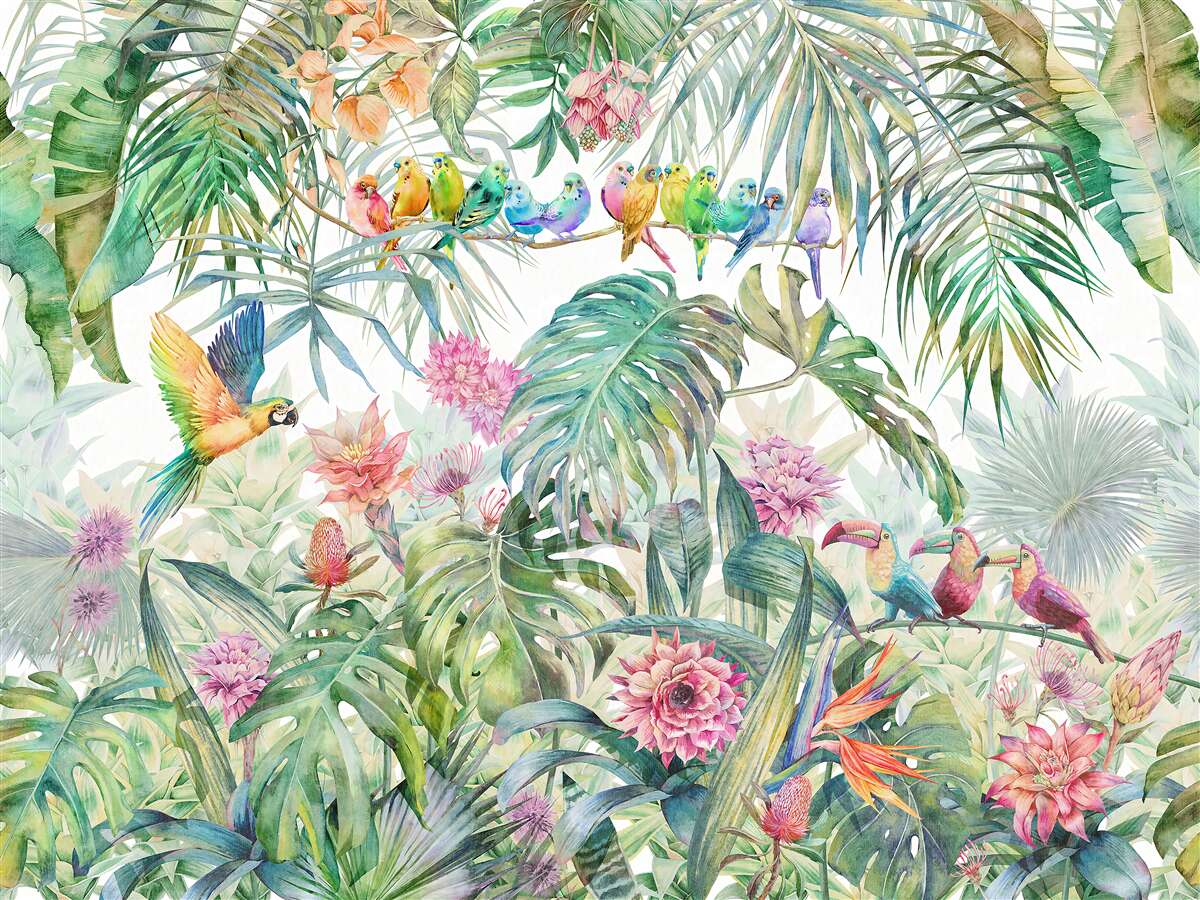Fotobehang vogels op exotische planten