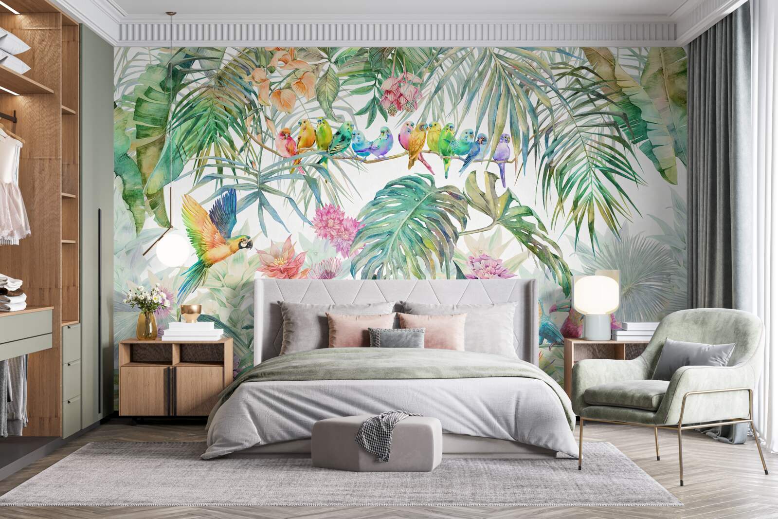 Fotobehang vogels op exotische planten