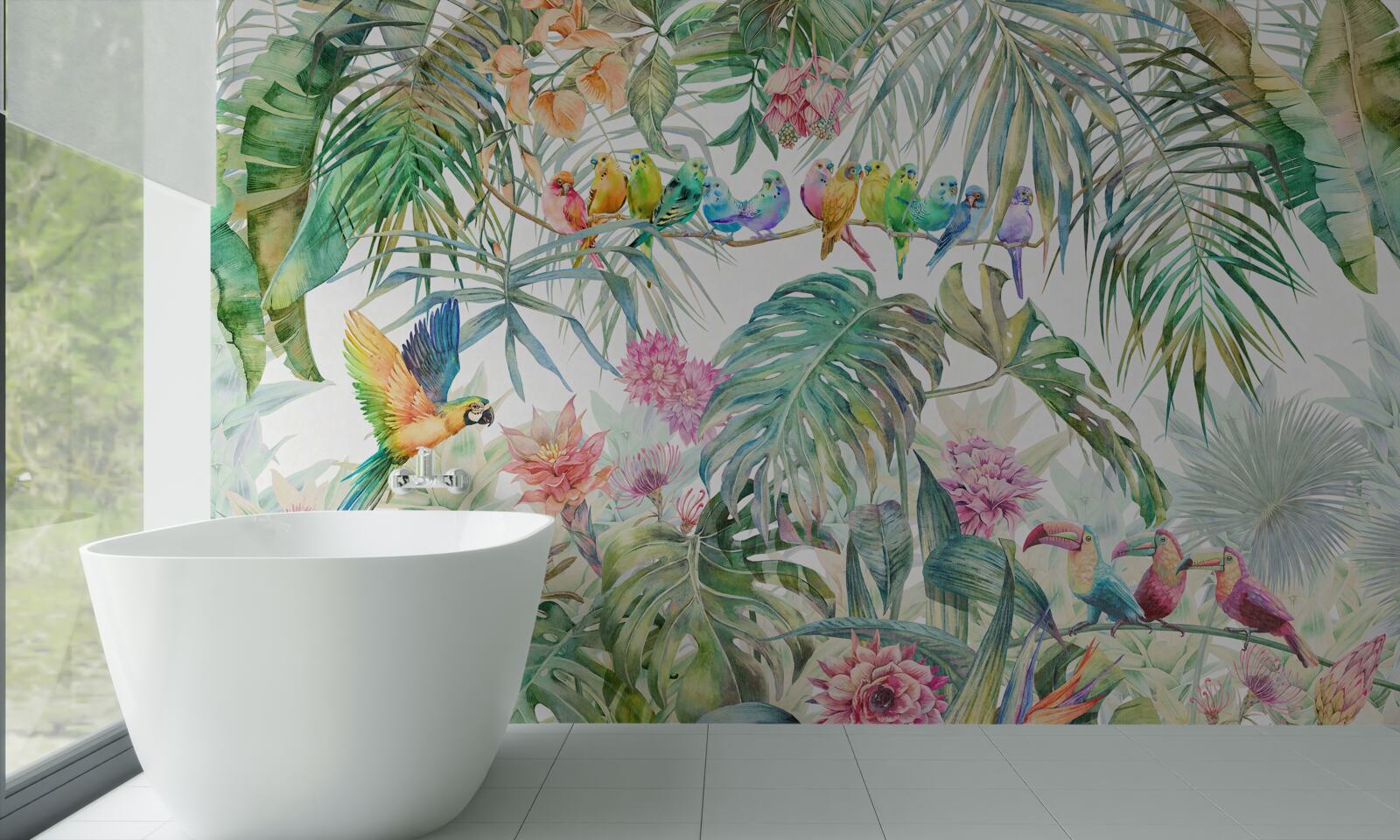 Fotobehang vogels op exotische planten