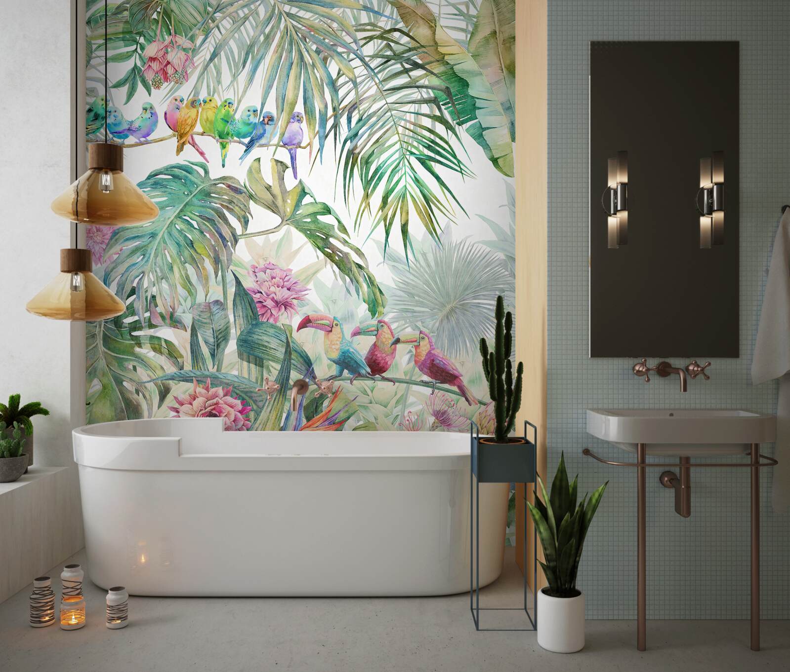 Fotobehang exotische planten en kleurrijke vogels