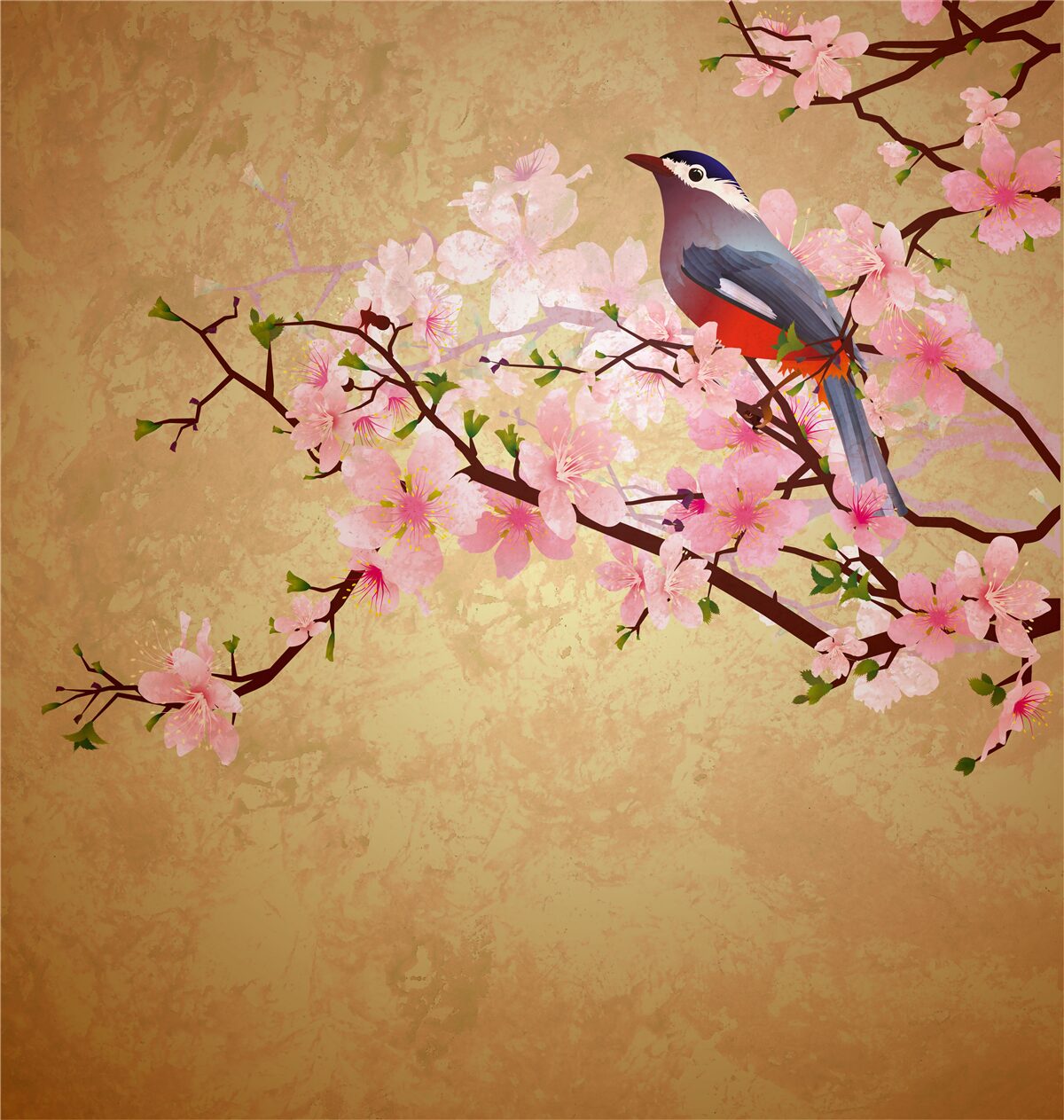 Fotobehang nachtegaal op de takken van kersenbloesems
