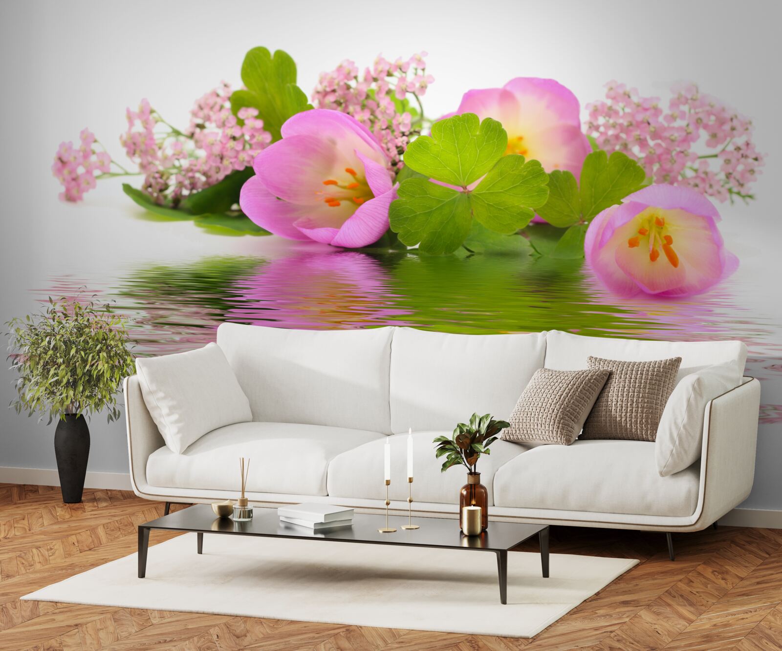 Fotobehang sierlijke compositie van roze bloemen op het wateroppervlak