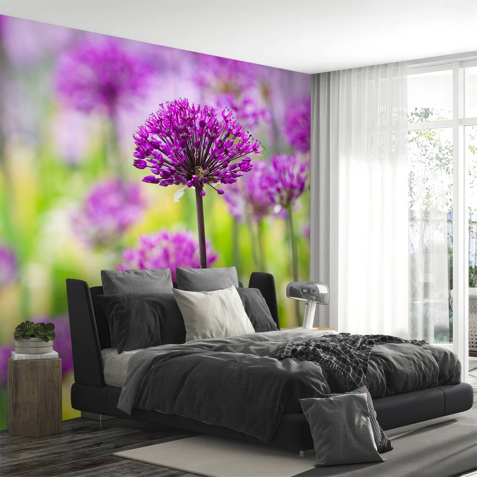 Fotobehang delicate paarse bloemen groeien in weiden
